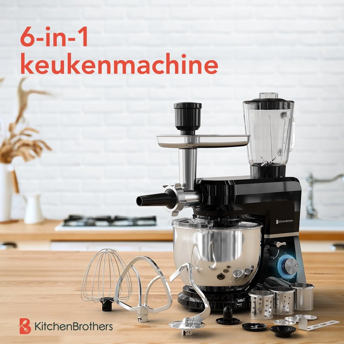 KitchenBrothers Keukenmachine 1500W - 6-in-1 - 6,2L RVS Kom - Zwart