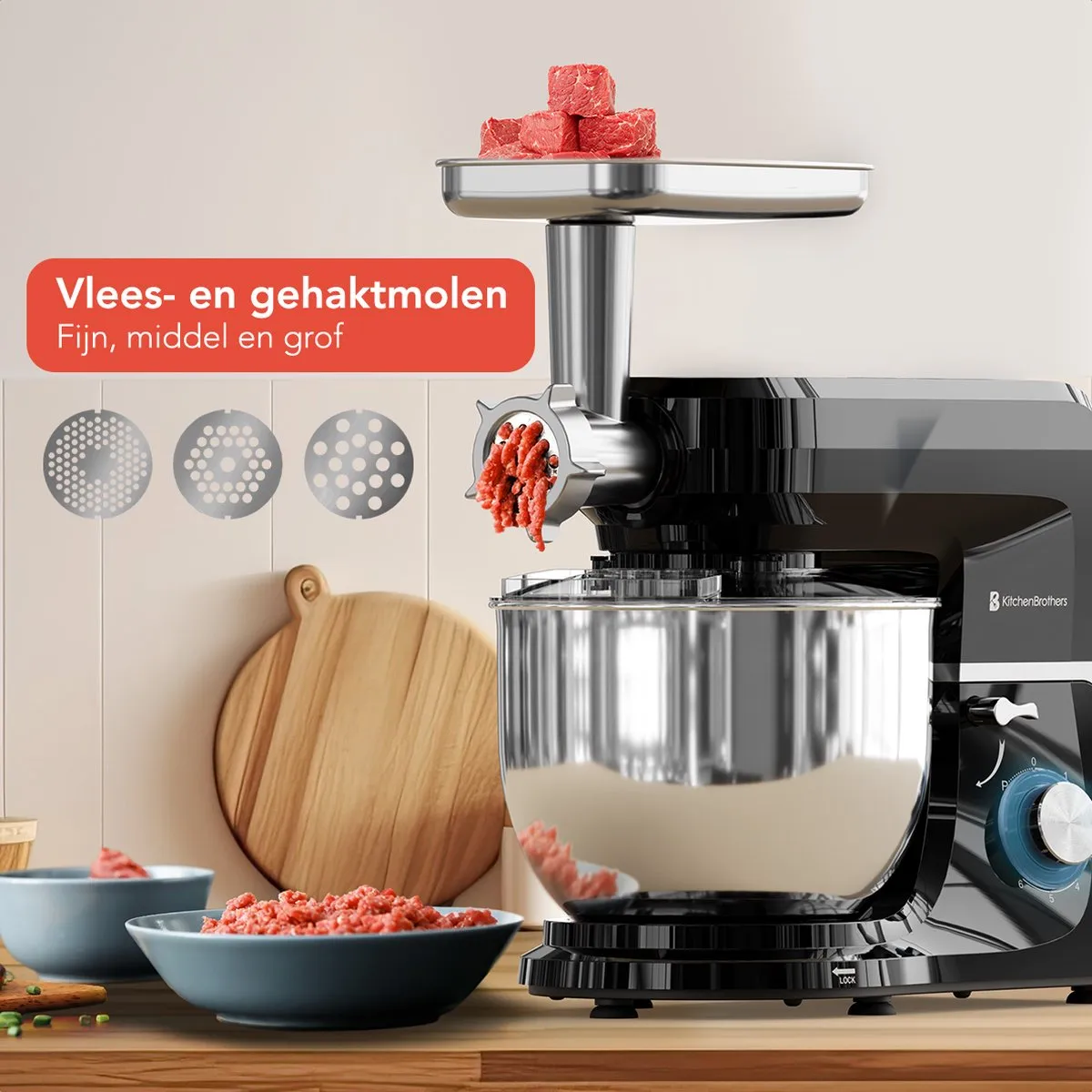 KitchenBrothers Keukenmachine 1500W - 6-in-1 - 6,2L RVS Kom - Zwart