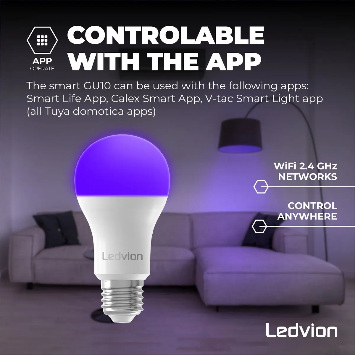Ledvion SMART RGB+CCT E27 LEDlamp 8W - Mat - Alexa & Google Home - afbeelding 6 van 6