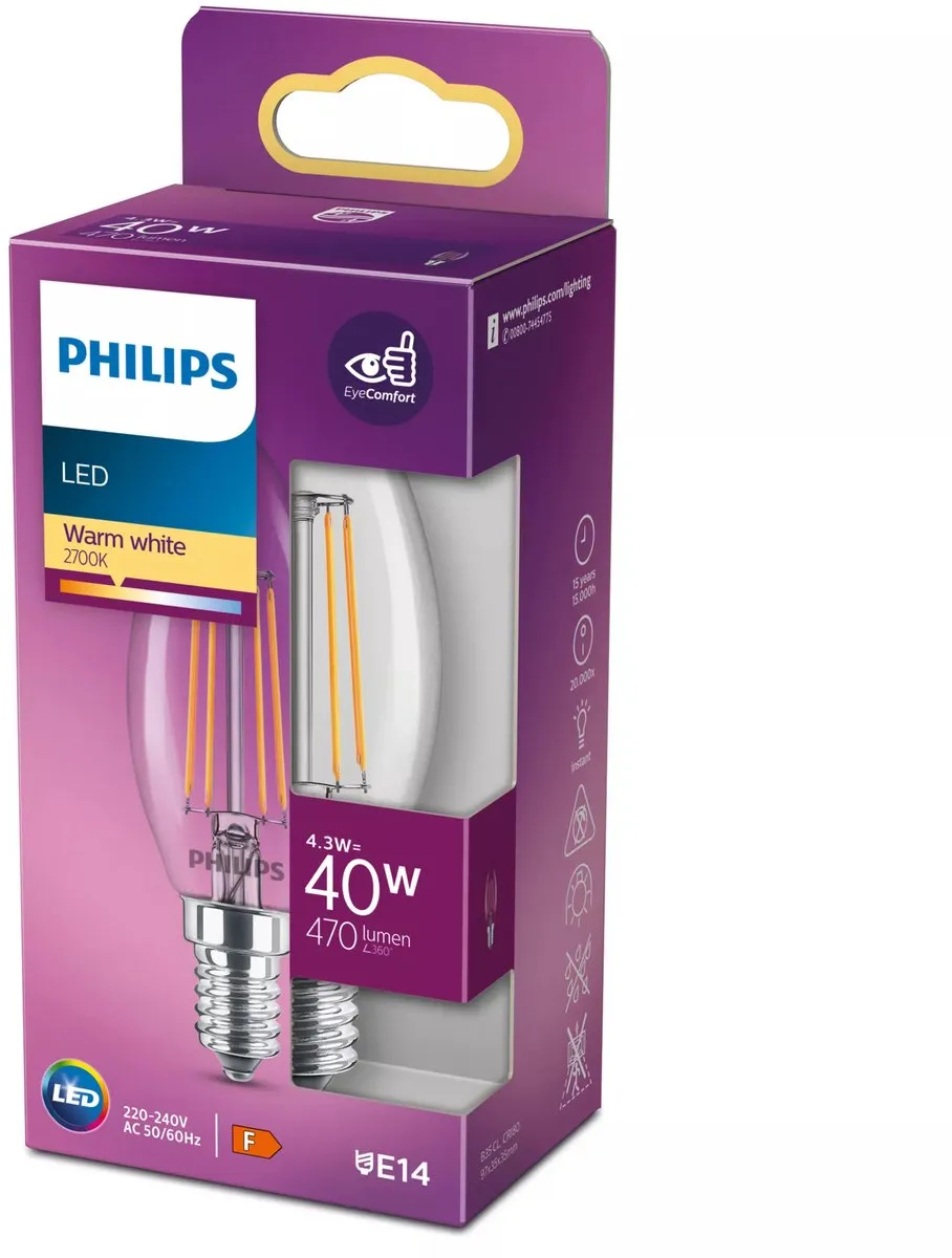 Philips LED Kaarslamp E14 4.3W Warmwit