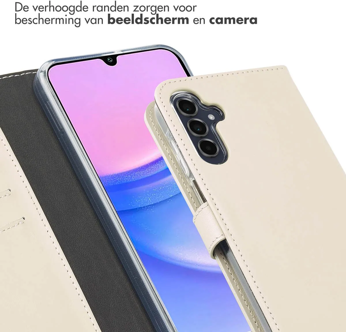 Selencia Hoesje Samsung Galaxy A15 5G - Echt Lederen Bookcase Greige