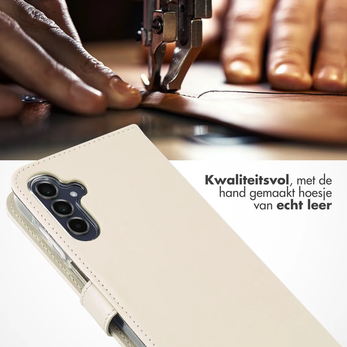 Selencia Hoesje Samsung Galaxy A15 5G - Echt Lederen Bookcase Greige