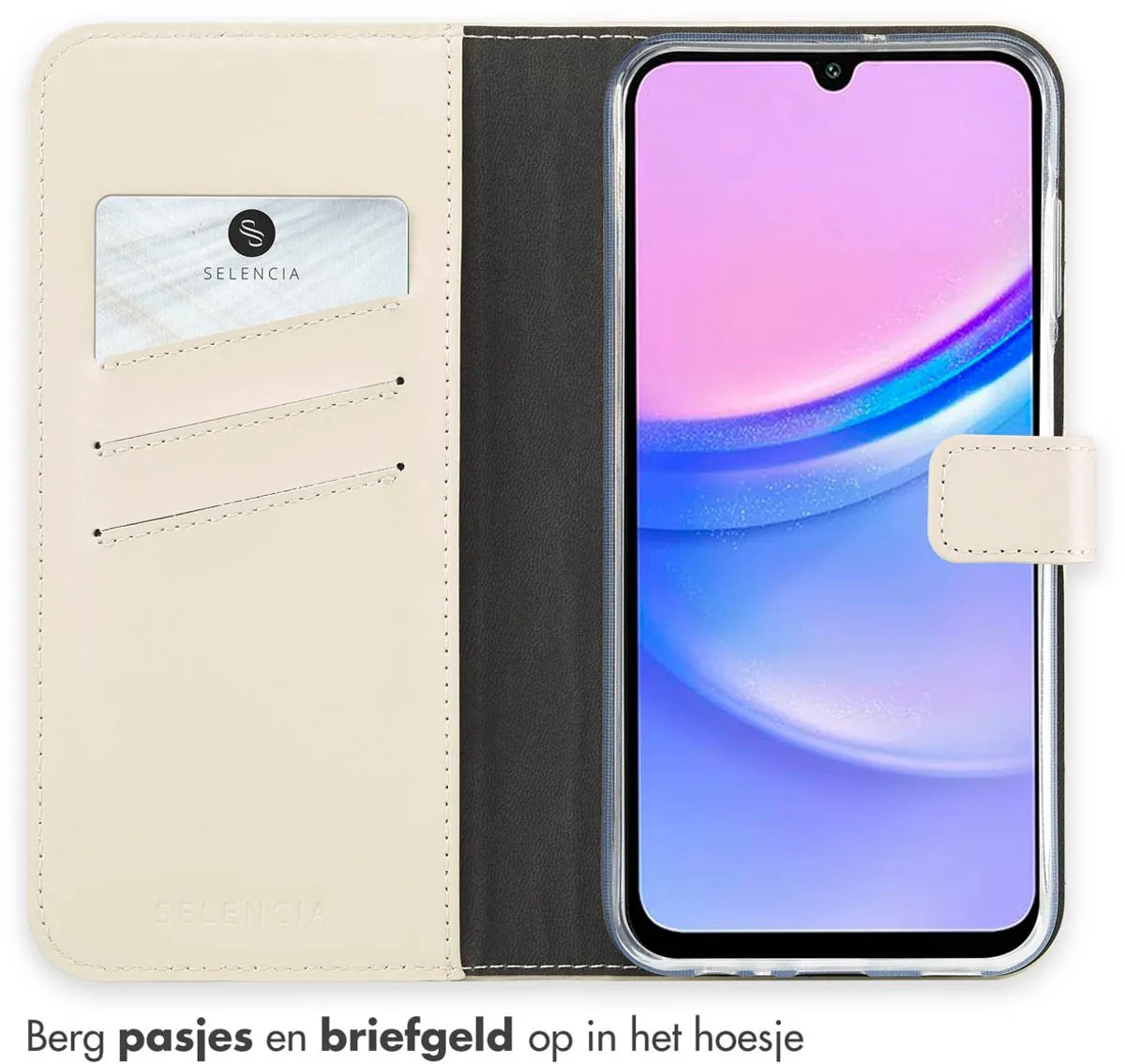 Selencia Hoesje Samsung Galaxy A15 5G - Echt Lederen Bookcase Greige