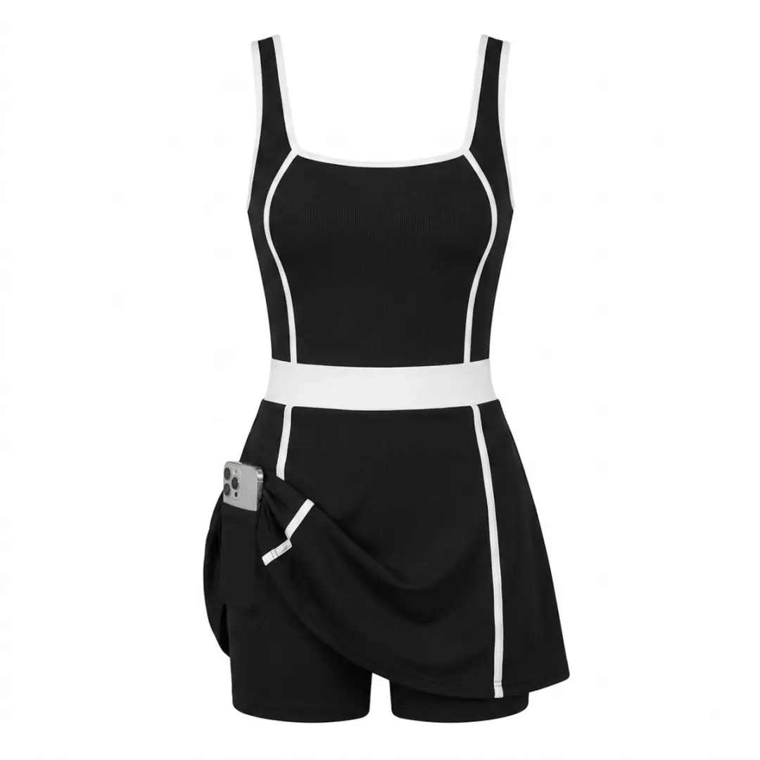 Zwart wit kleurblok tennis jurk dames sport jurk brede bandjes rugloos korte jur