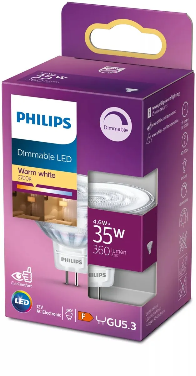 Philips LED Spot GU5.3 4.6W Warmwit - Helder glas