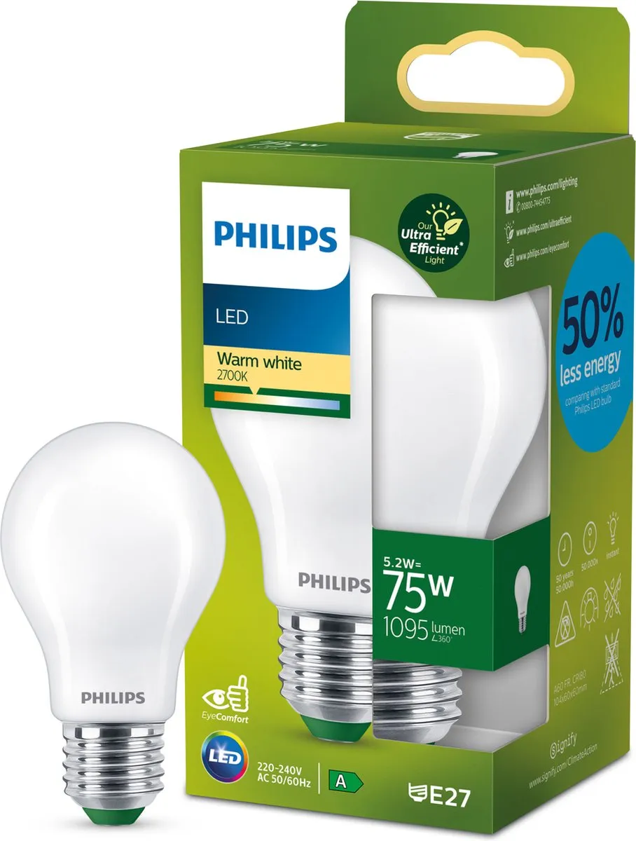 Philips Ultra Efficient LED Lamp Mat 5.2W E27 Warmwit