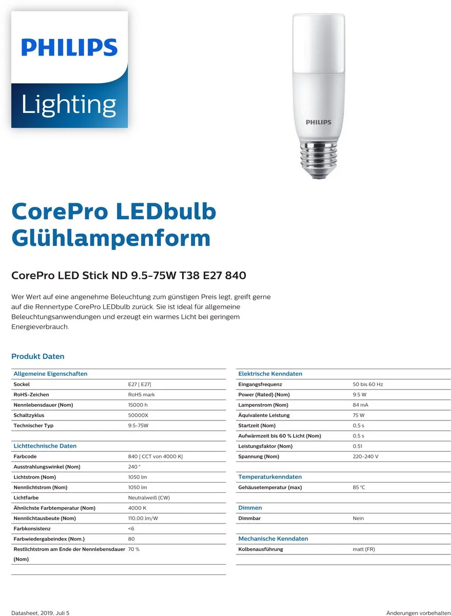Philips Corepro LED E27 Tubular Stick Mat 9.5W - 1050lm Koel Wit