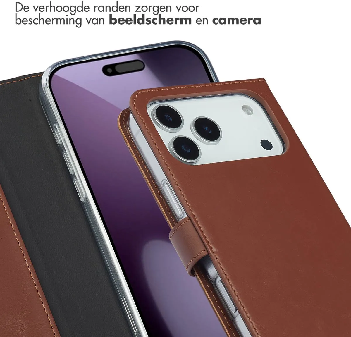 Selencia Hoesje SH00086578 - iPhone 17 Pro Max - Echt Lederen Bookcase - Lichtbruin