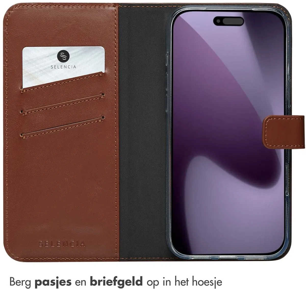 Selencia Hoesje SH00086578 - iPhone 17 Pro Max - Echt Lederen Bookcase - Lichtbruin