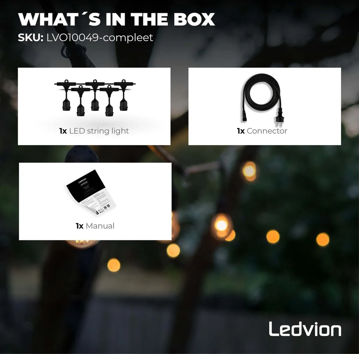 LEDVION Lichtsnoer 5m E27 RGBIC - 9 Lichtpunten - Zwart