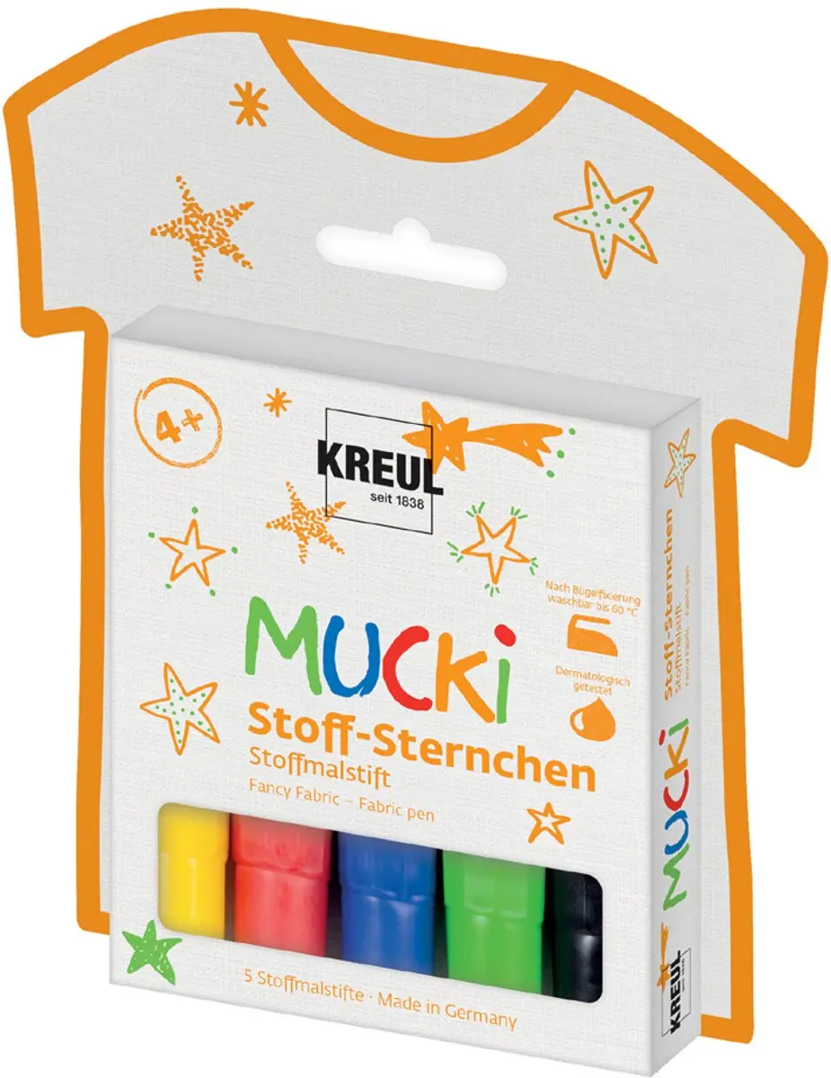 KREUL textielstiften Mucki, 5 stuks, geel/rood/blauw/groen/zwart, 2-5 mm
