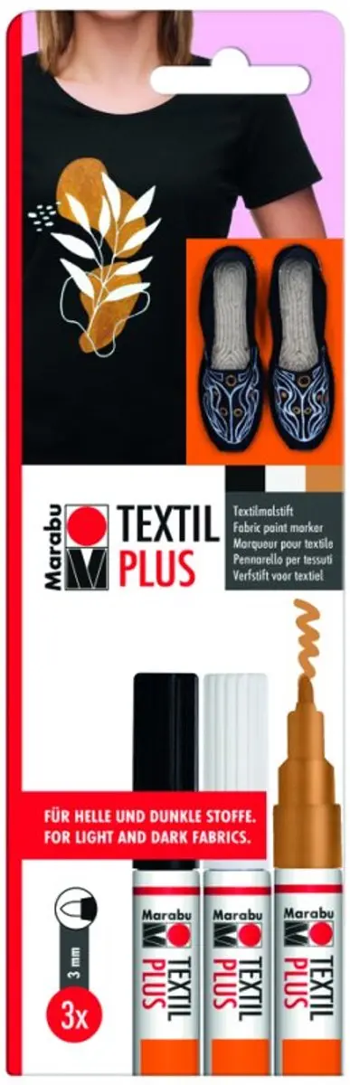 Marabu textielstiften Textil Painter Plus, 3,0 mm, wit/zwart/goud metallic, 3 st