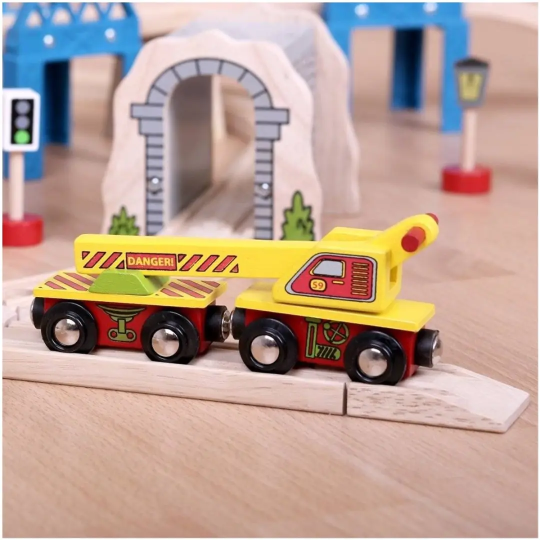 BIGJIGS BJT416 Wagon met Hijskraan - Houten Treinbaan - Multi