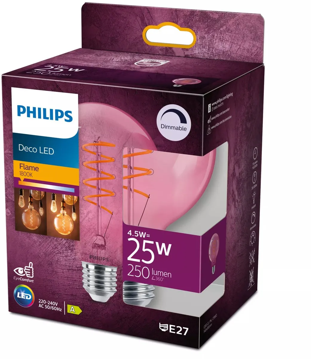 Philips LED Filamentlamp 4.5W G93 E27 - Warm wit - Helder roze