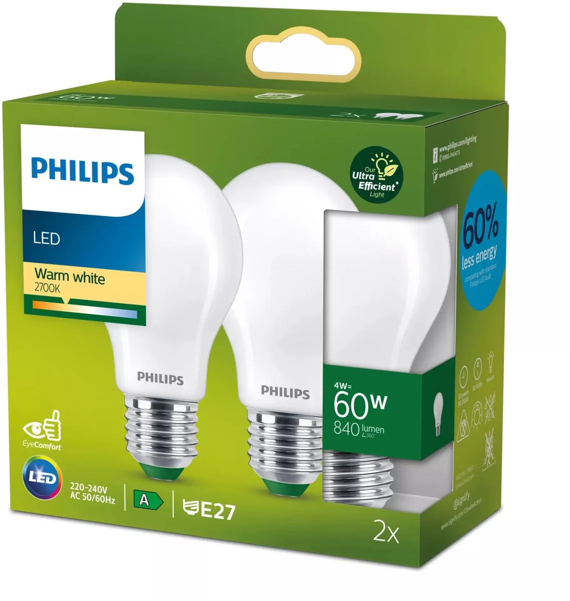 Philips Ultra Efficient LED Mat E27 4W - 2700K - 2 Stuks