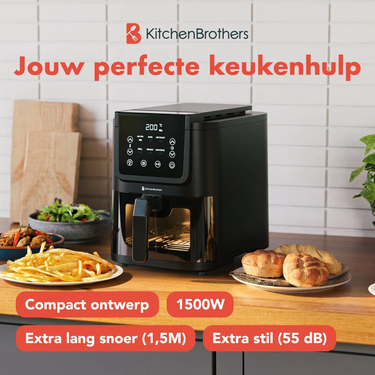 KitchenBrothers Airfryer XL 1500W 5L - Zwart