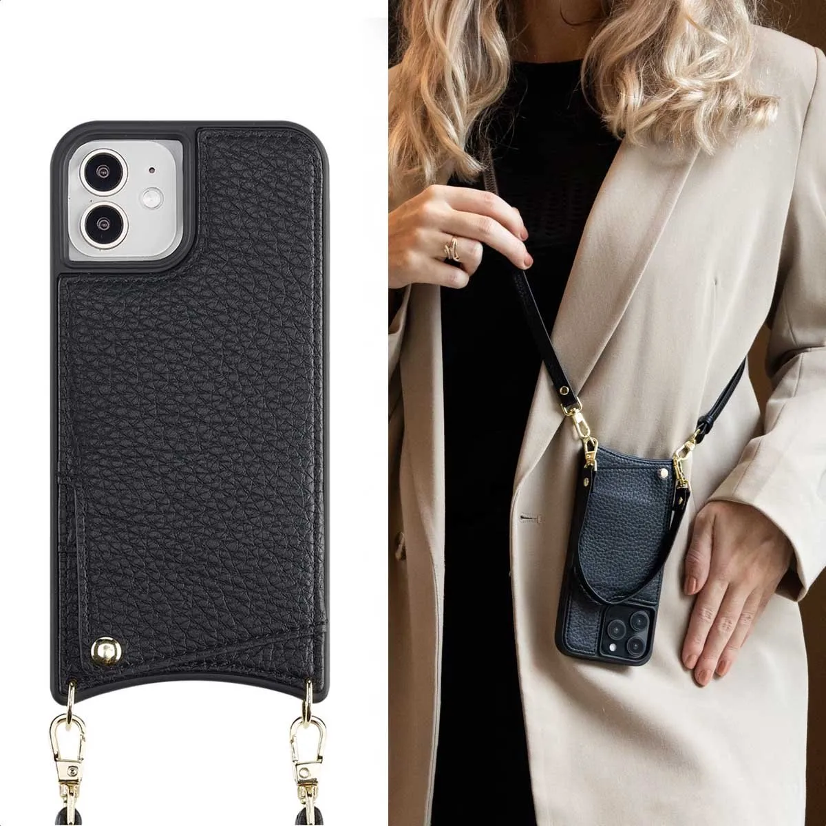 Selencia Hoesje iPhone 12 Pro/12 - Backcover met koord - 2 Pasjes - Zwart