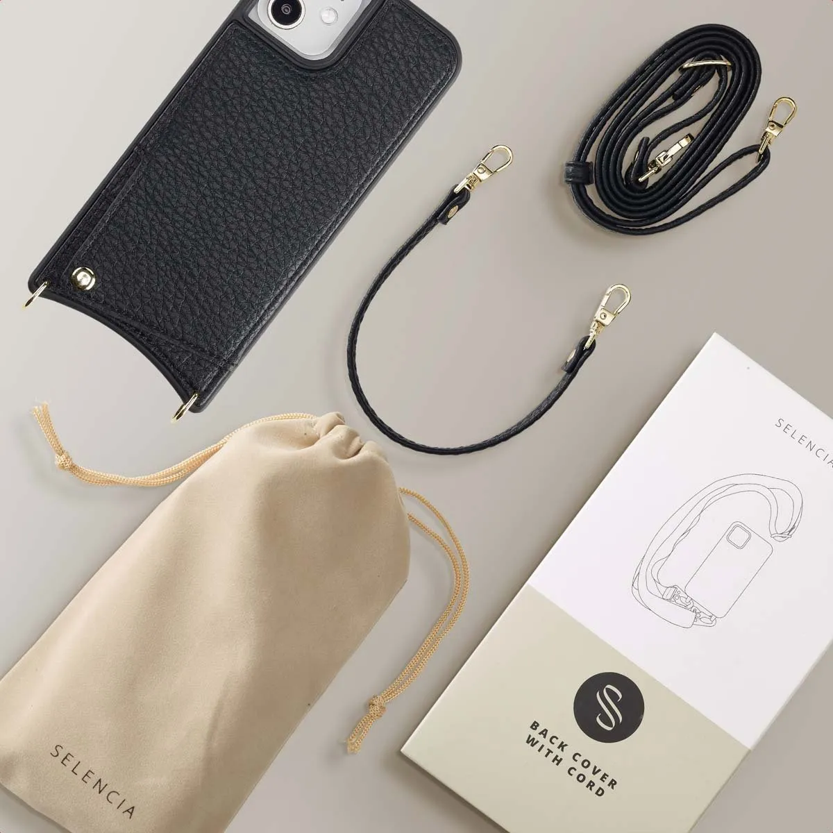 Selencia Hoesje iPhone 12 Pro/12 - Backcover met koord - 2 Pasjes - Zwart - afbeelding 6 van 6