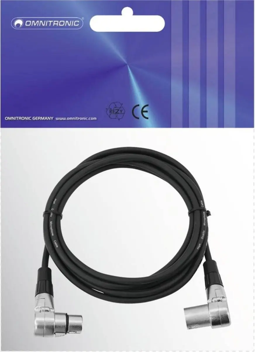 Omnitronic XLR Kabel 3-pin 3m 90° - Zwart