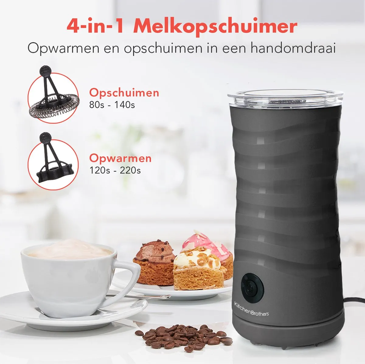 KitchenBrothers KB4000 Elektrische Melkopschuimer 400W - 240ml - Antraciet