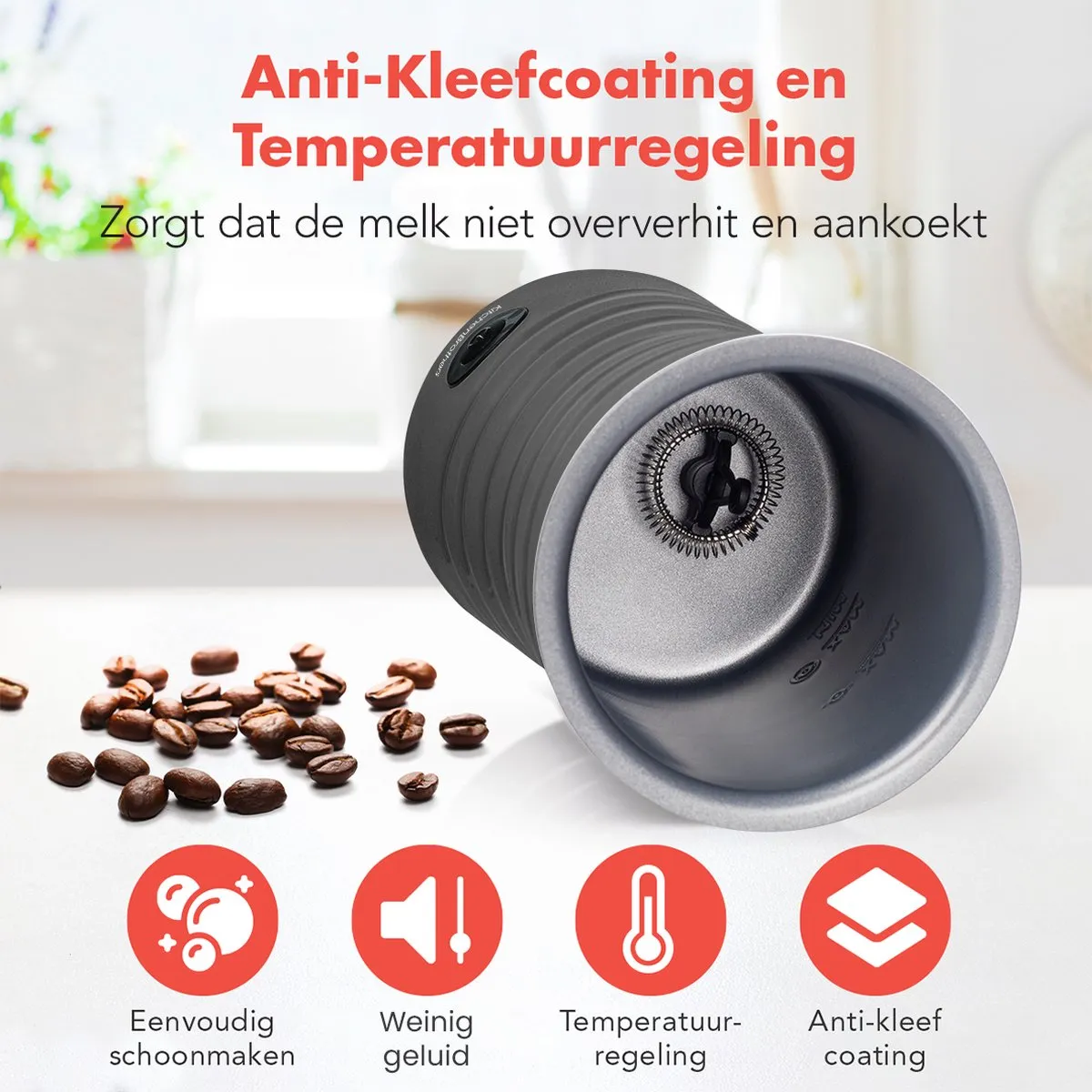 KitchenBrothers KB4000 Elektrische Melkopschuimer 400W - 240ml - Antraciet