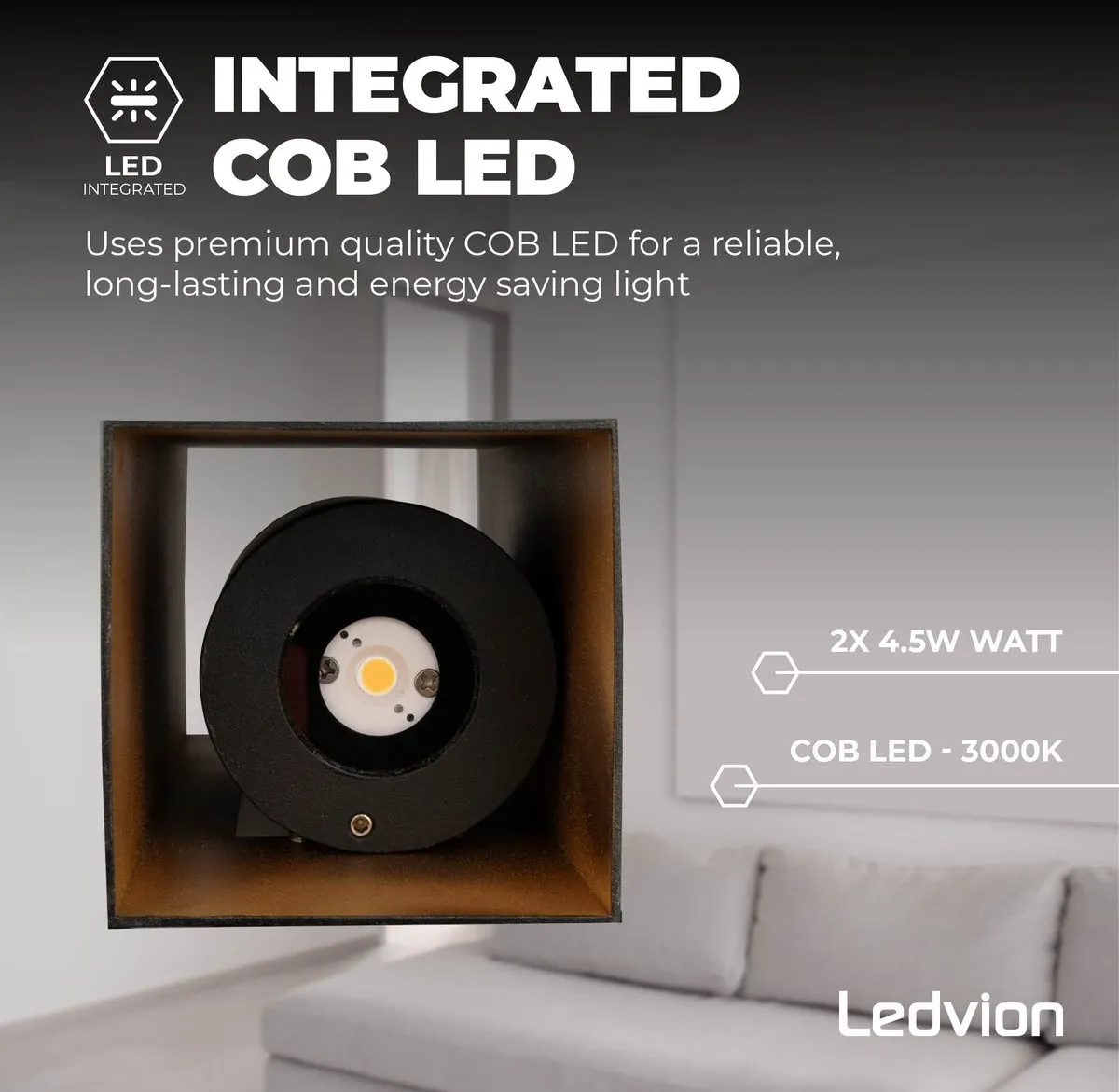 Ledvion Wandlamp 9W 800L 3000K - Zwart - afbeelding 6 van 6