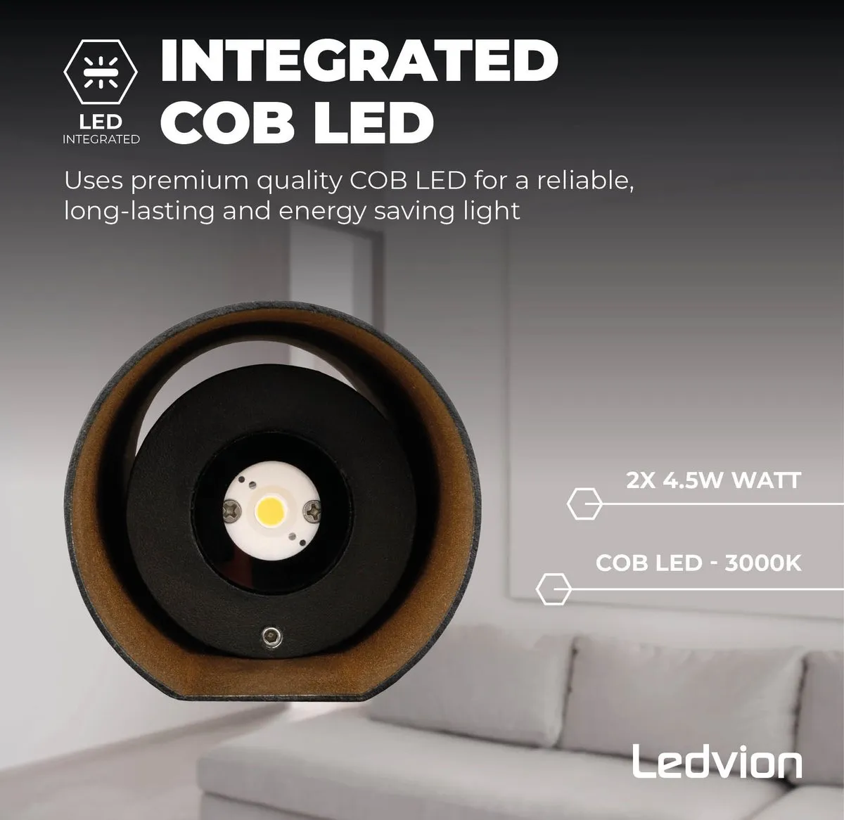 Ledvion Wandlamp 9W 800L 3000K - Zwart