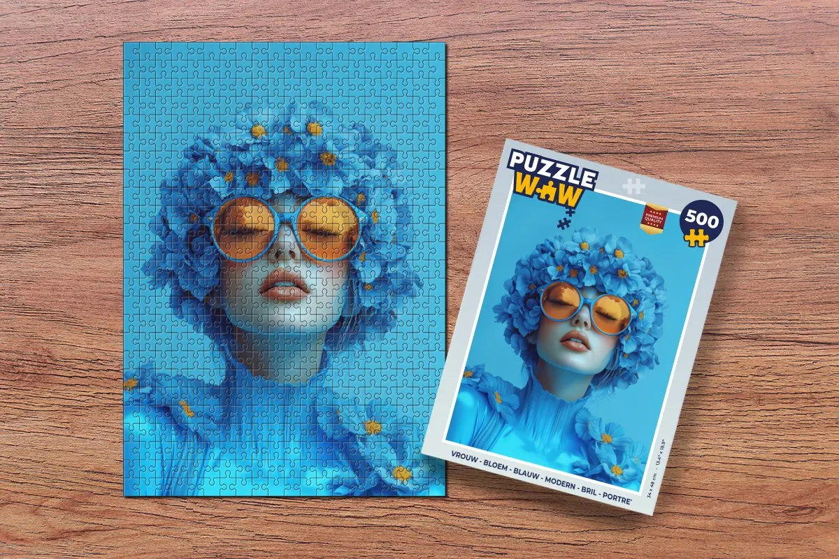 PuzzleWow Vrouw Bloem Portret Legpuzzel 500 Stuks - Blauw
