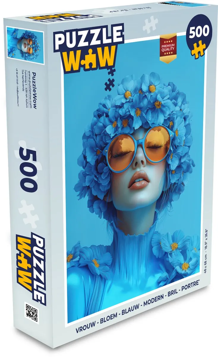 PuzzleWow Vrouw Bloem Portret Legpuzzel 500 Stuks - Blauw