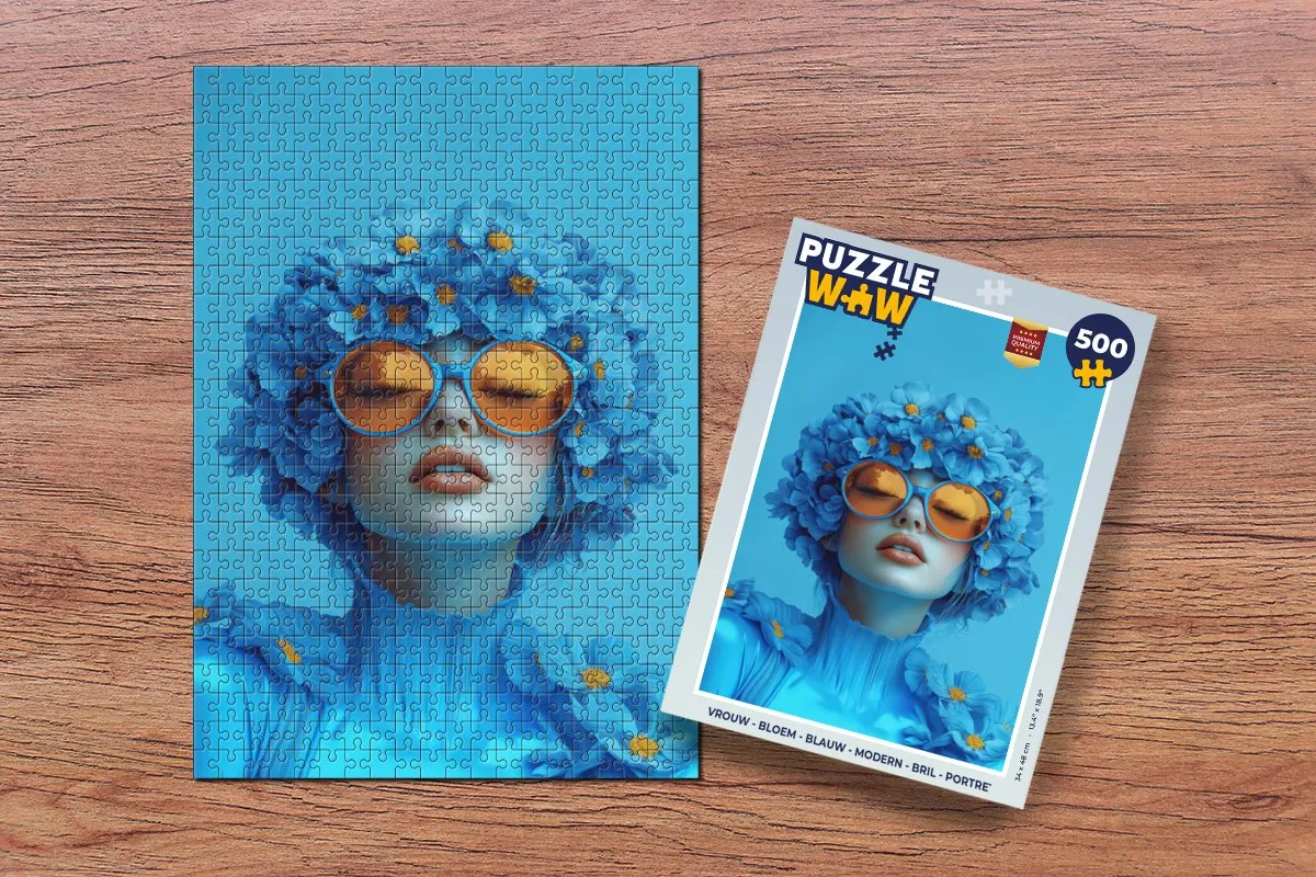 PuzzleWow Vrouw Bloem Portret Legpuzzel 500 Stuks - Blauw