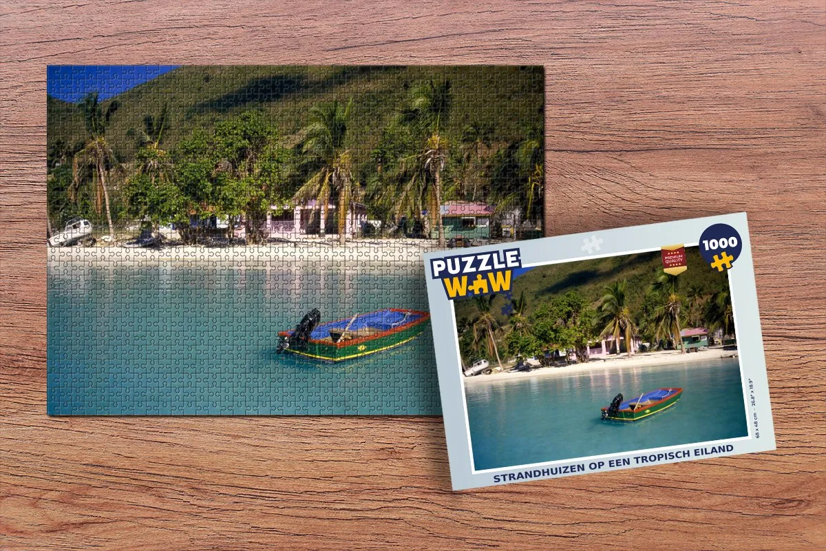 PuzzleWow Strand Palmbomen Huis Legpuzzel 1000 Stuks - Multicolor