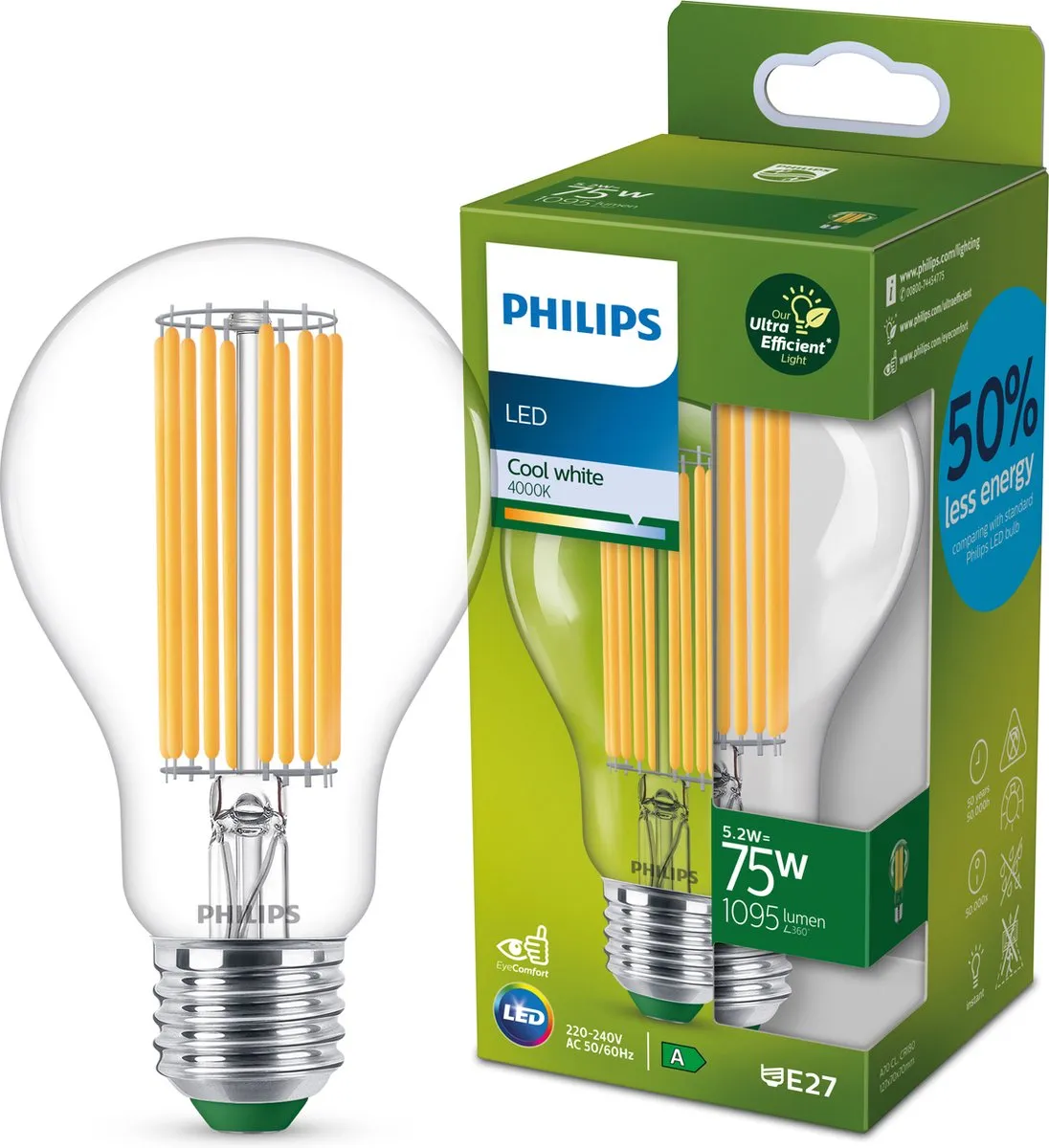 Philips Ultra Efficient LED Transparant 5.2W E27 Koelwit 4000K