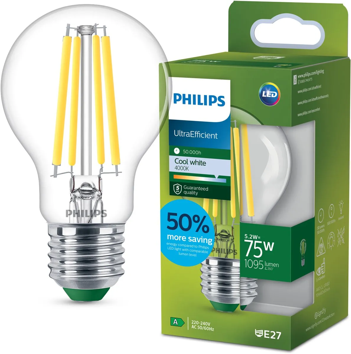 Philips Ultra Efficient LED Transparant 5.2W E27 Koelwit 4000K