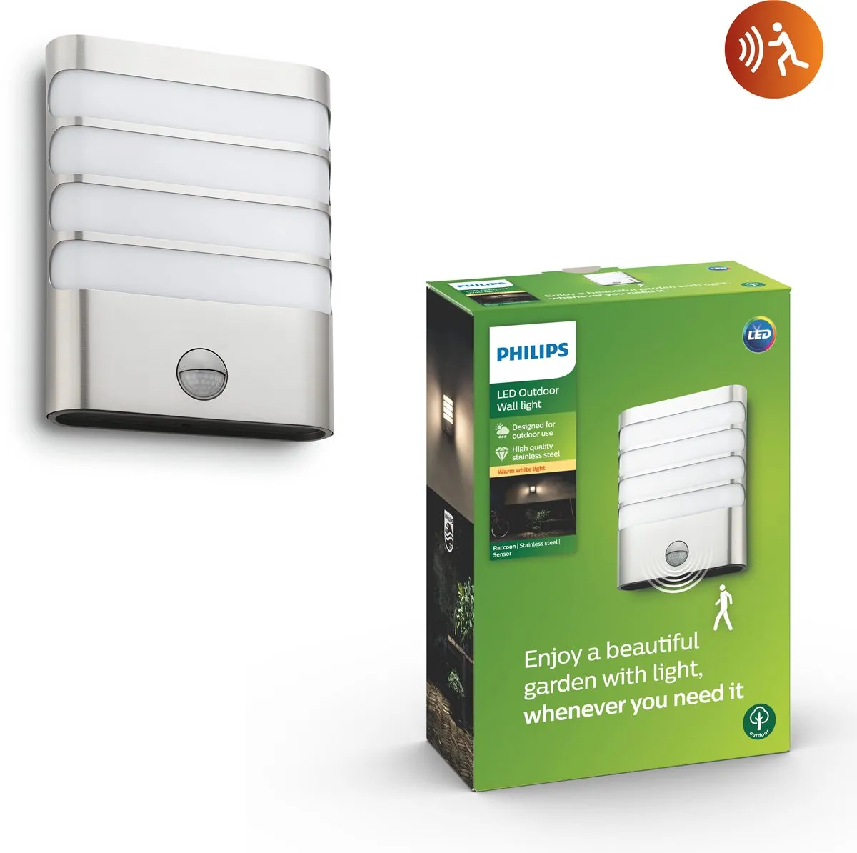 Philips Raccoon buitenwandlamp - met sensor - 1-lichts - RVS