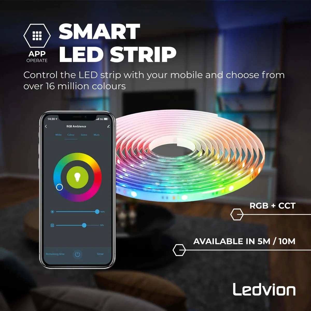 LEDVION SMART LED-Strip 10M RGBIC - 12V 12W