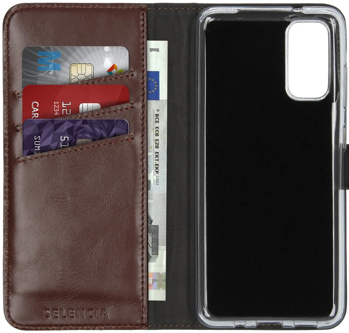 Selencia Hoesje Samsung Galaxy S20 Echt Lederen Bookcase - 3 Pasjes - Bruin
