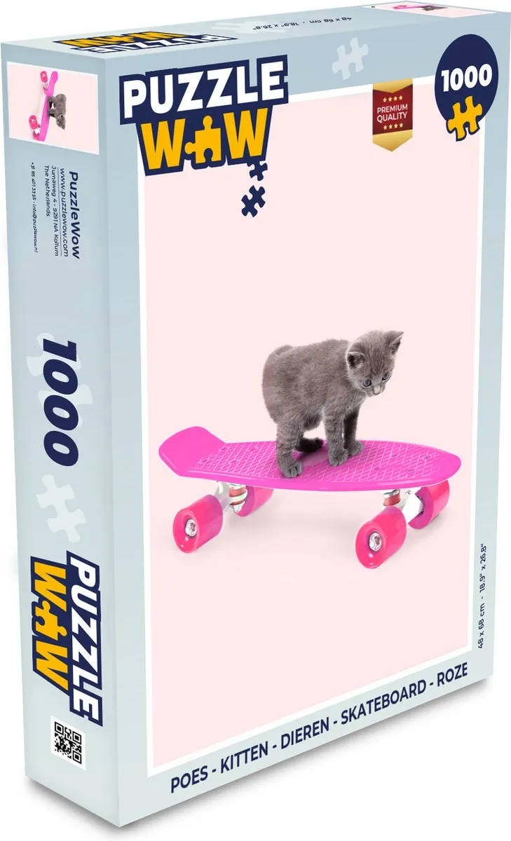 PuzzleWow Kitten Skateboard Legpuzzel 1000 Stuks - Roze