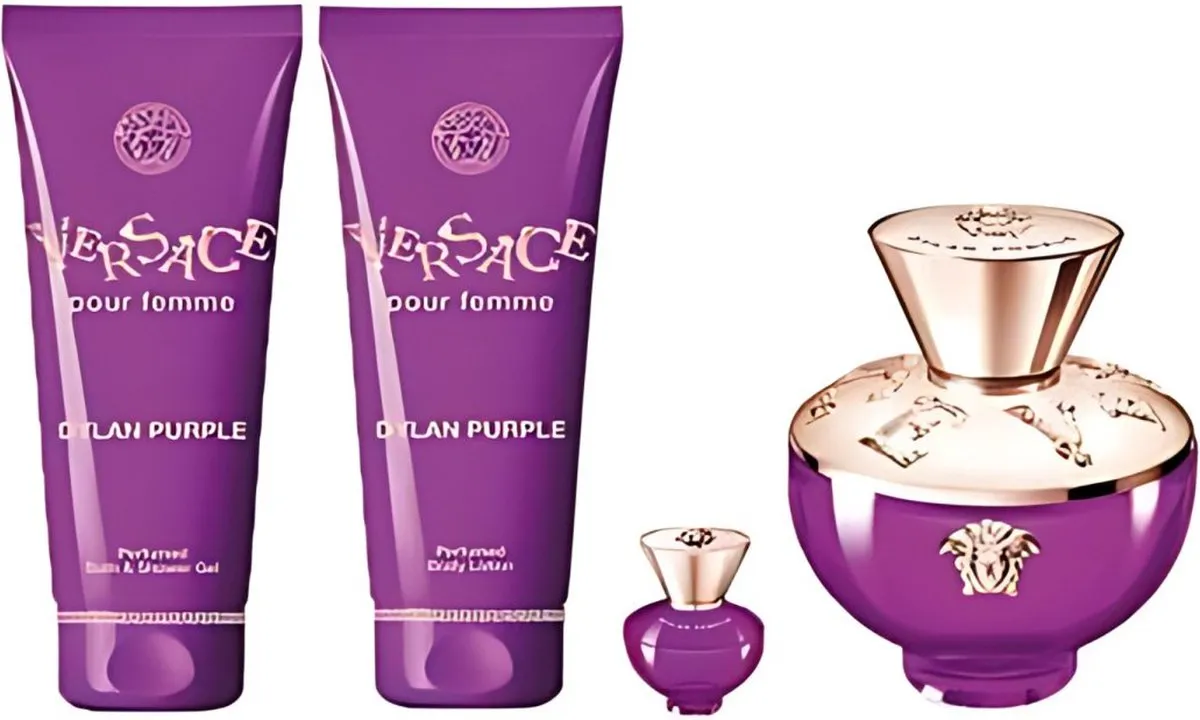 Versace Dylan Purple pour Femme Giftset - 100 ml eau de parfum spray + 5 ml eau de parfum tasspray + 100 ml showergel + 100 ml bodylotion - cadeauset voor dames