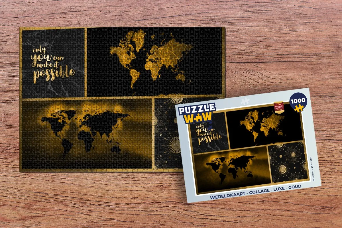 PuzzleWow Wereldkaart Legpuzzel 1000 Stuks - Goud