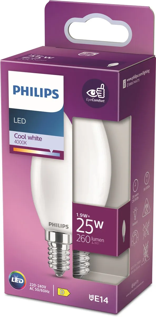 Philips LED Kaarslamp E14 2.2W Koelwit Mat - 4000K - afbeelding 6 van 6