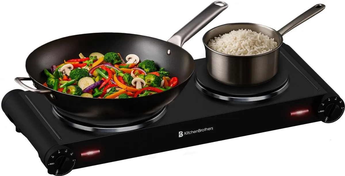 KitchenBrothers KB4176 Elektrische Kookplaat 2 Pits - 1500W/1000W - Zwart