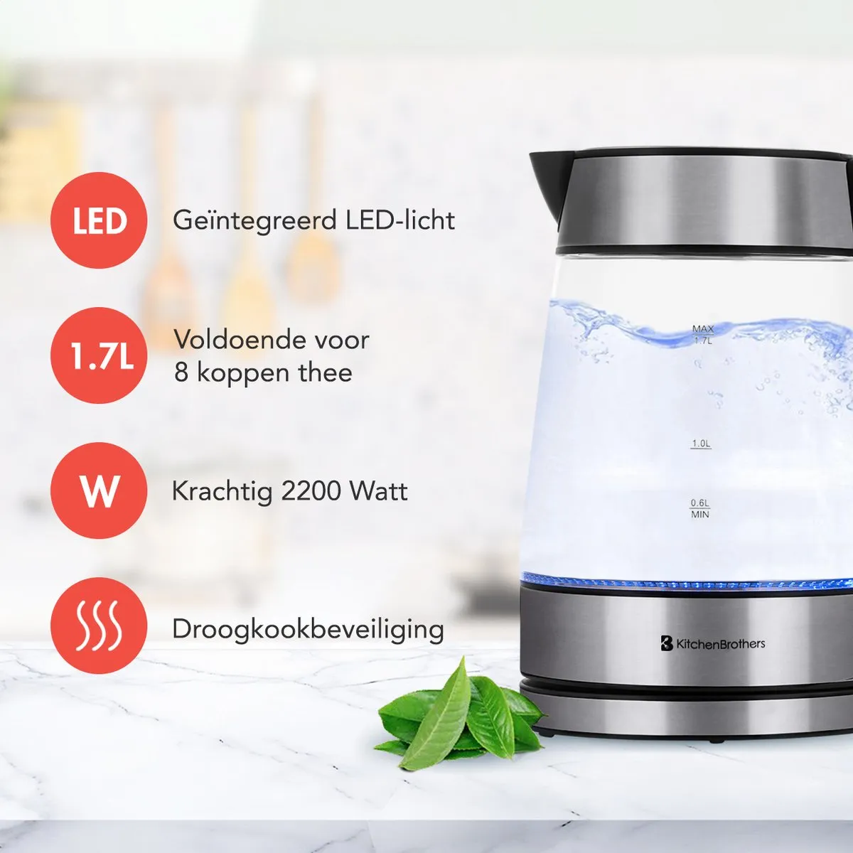 KitchenBrothers KB720 Glas Waterkoker 1,7L - 2200W