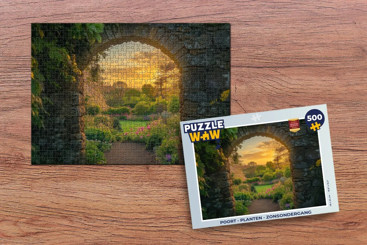 PuzzleWow Poort - Planten Legpuzzel 500 Stuks - Zonsondergang