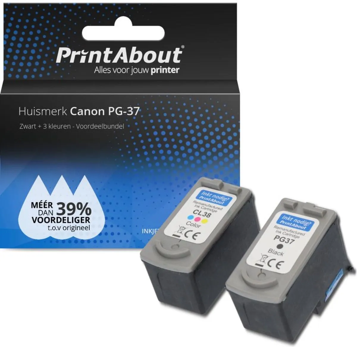 PrintAbout PG-37-PA2 Inktcartridge - Zwart + 3 Kleuren - 25ml - o.a. Canon PIXMA