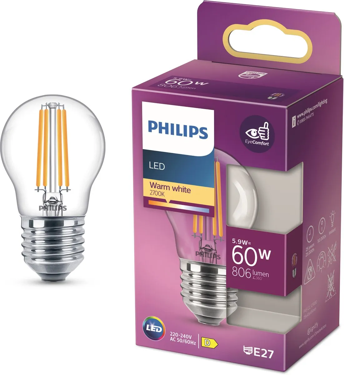 Philips LED Kogellamp E27 6.5W Warmwit