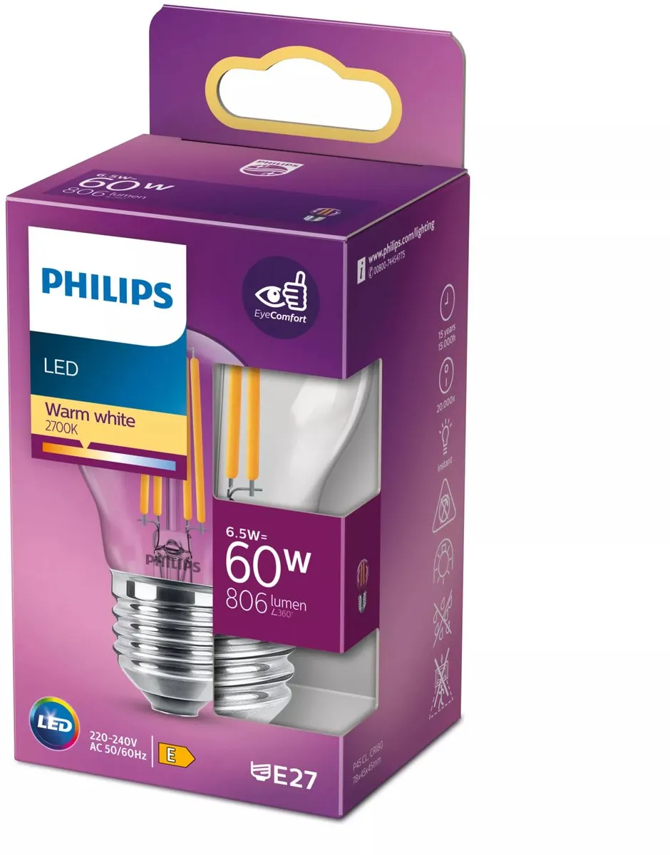 Philips LED Kogellamp E27 6.5W Warmwit
