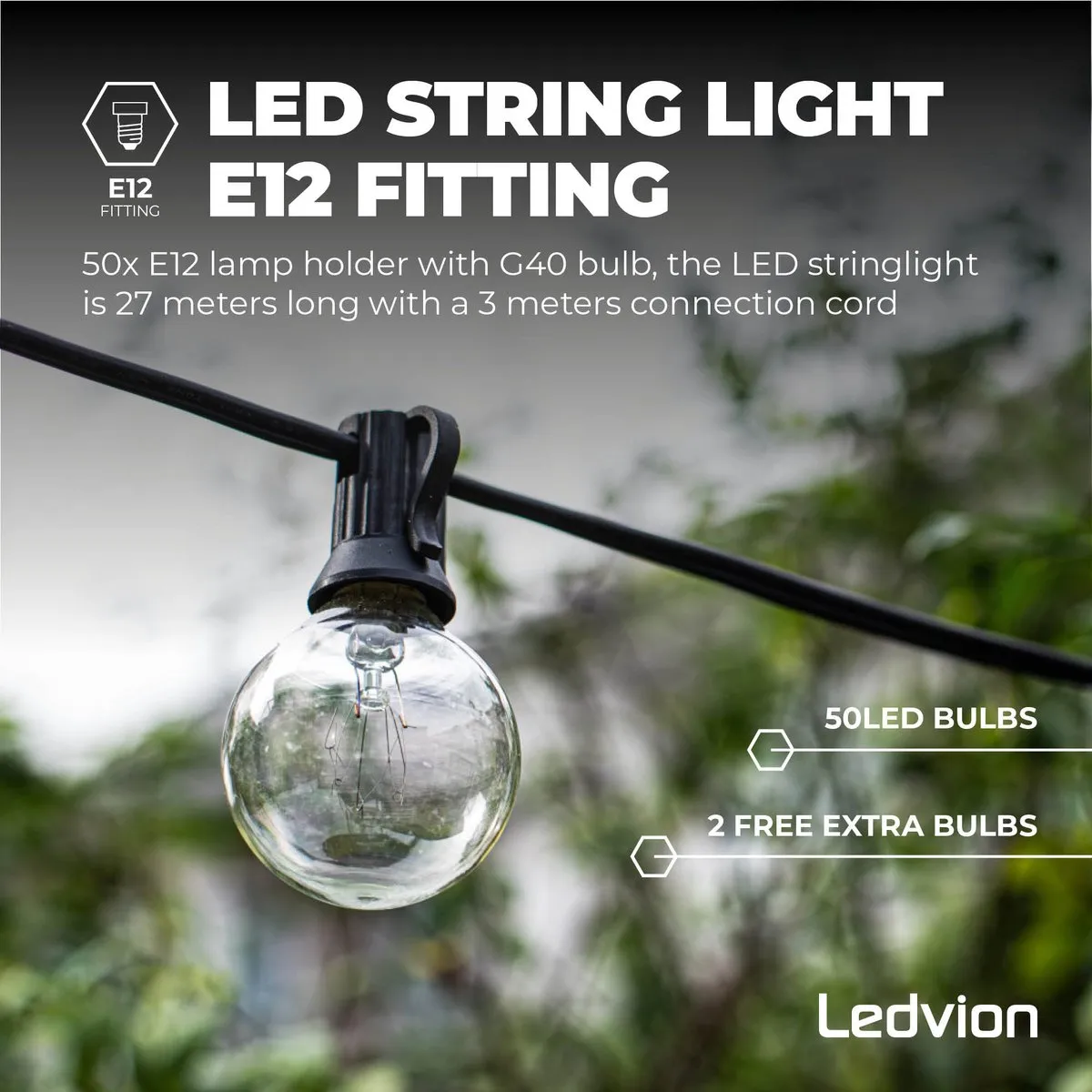 LEDVION Lichtsnoer 30m - 50x E12 LED 15W 2700K IP44