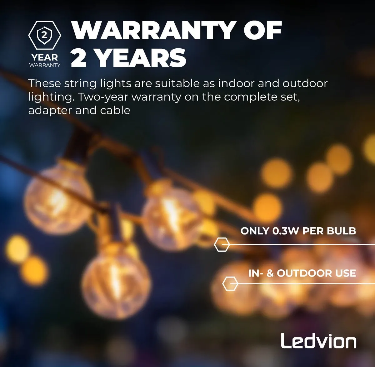 LEDVION Lichtsnoer 30m - 50x E12 LED 15W 2700K IP44