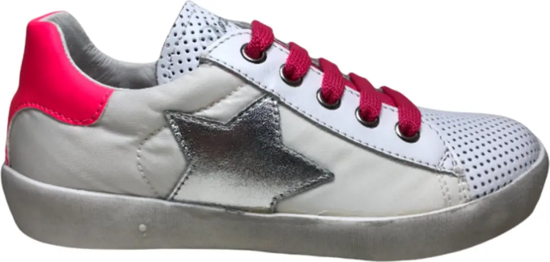 Naturino Mt 28 veter/rits zilveren ster lederen/nylon sneakers Annie Wit Fuxia