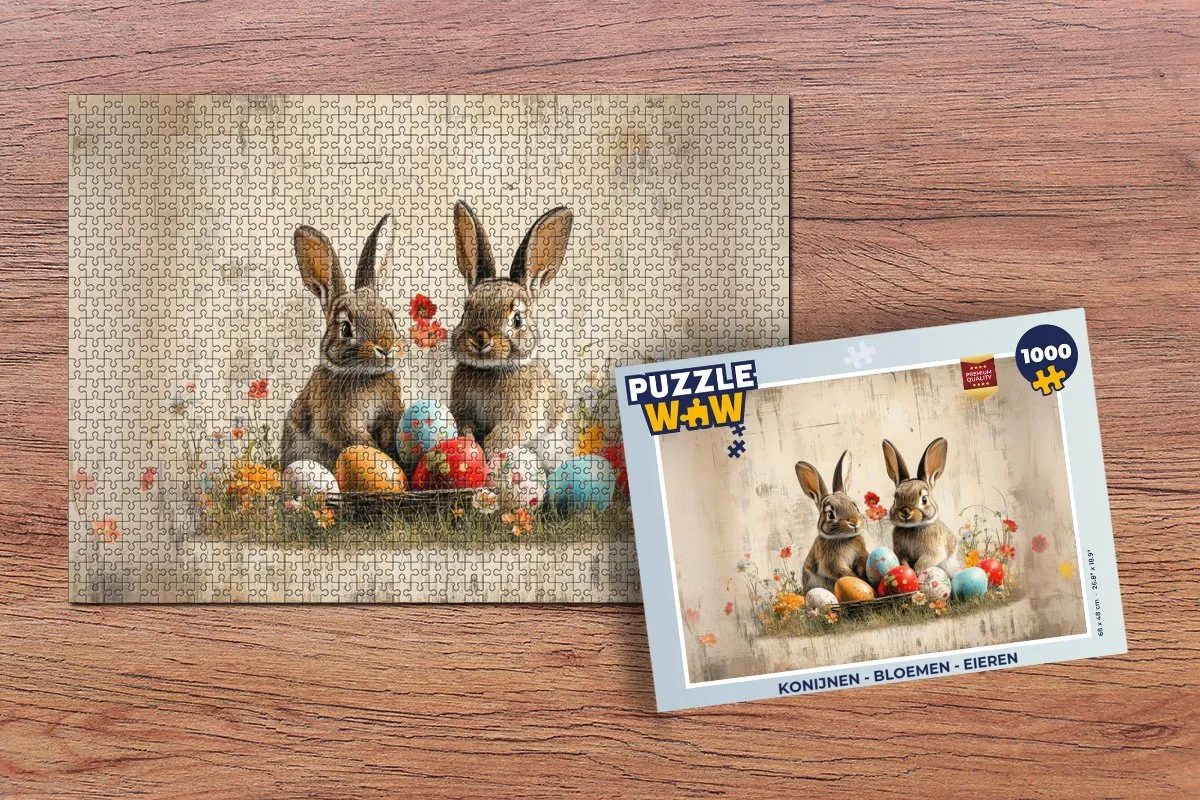 PuzzleWow Konijnen Bloemen Eieren Legpuzzel 1000 Stuks - Vintage